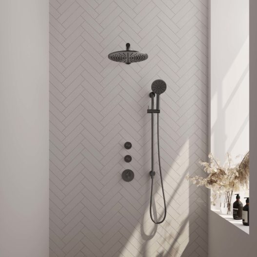 BRAUER Gunmetal Edition thermostatische inbouw regendouche SET 20 met 30 cm douchekop en rechte muurarm en 3-standen handdouche en doucheslang en geïntegreerde glijstang gunmetal geborsteld PVD