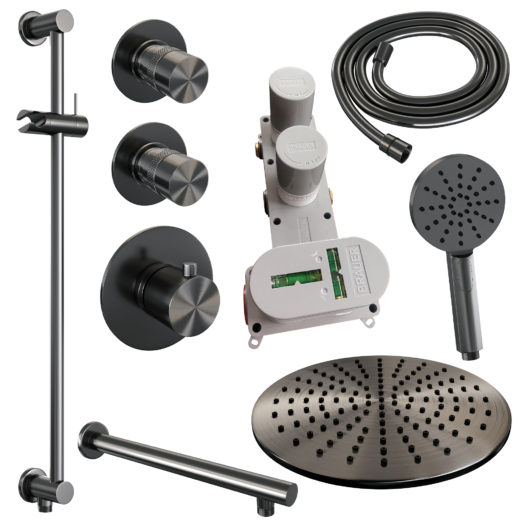 BRAUER Gunmetal Edition thermostatische inbouw regendouche SET 20 met 30 cm douchekop en rechte muurarm en 3-standen handdouche en doucheslang en geïntegreerde glijstang gunmetal geborsteld PVD