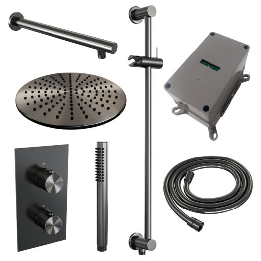 BRAUER Gunmetal Edition thermostatische inbouw regendouche 3-weg omstelling SET 38 met 30 cm douchekop en rechte muurarm en staaf handdouche en doucheslang en geïntegreerde glijstang gunmetal geborsteld PVD