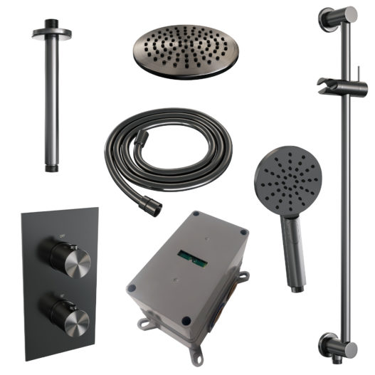 BRAUER Gunmetal Edition thermostatische inbouw regendouche 3-weg omstelling SET 47 met 20 cm douchekop en plafondarm en 3-standen handdouche en doucheslang en geïntegreerde glijstang gunmetal geborsteld PVD