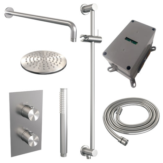 BRAUER Brushed Edition thermostatische inbouw regendouche 3-weg omstelling SET 39 met 20 cm douchekop en gebogen muurarm en staaf handdouche en doucheslang en geïntegreerde glijstang RVS geborsteld PVD