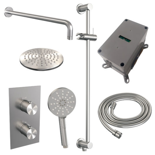 BRAUER Brushed Edition thermostatische inbouw regendouche 3-weg omstelling SET 45 met 20 cm douchekop en gebogen muurarm en 3-standen handdouche en doucheslang en geïntegreerde glijstang RVS geborsteld PVD