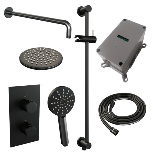 BRAUER Black Edition thermostatische inbouw regendouche 3-weg omstelling SET 45 met 20 cm douchekop en gebogen muurarm en 3-standen handdouche en doucheslang en geïntegreerde glijstang mat zwart