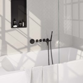 BRAUER Black Carving thermostatische inbouw badkraan SET 01 met uitloop en staaf handdouche en doucheslang en wandaansluitbocht mat zwart