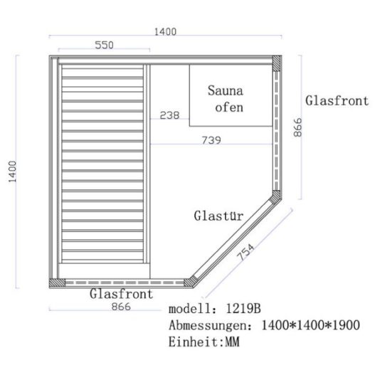 AWT Sauna B1219B populier 140x140 cm. 9 kW EOS BiO-Thermat